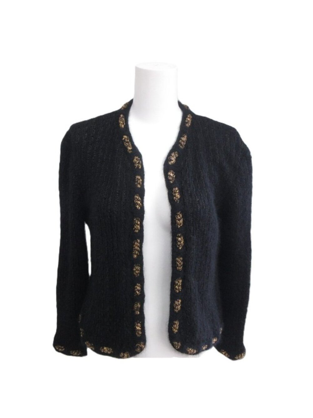 Chanel Vintage 80S Knit Cardigan Buttonless Rope Trim Black
